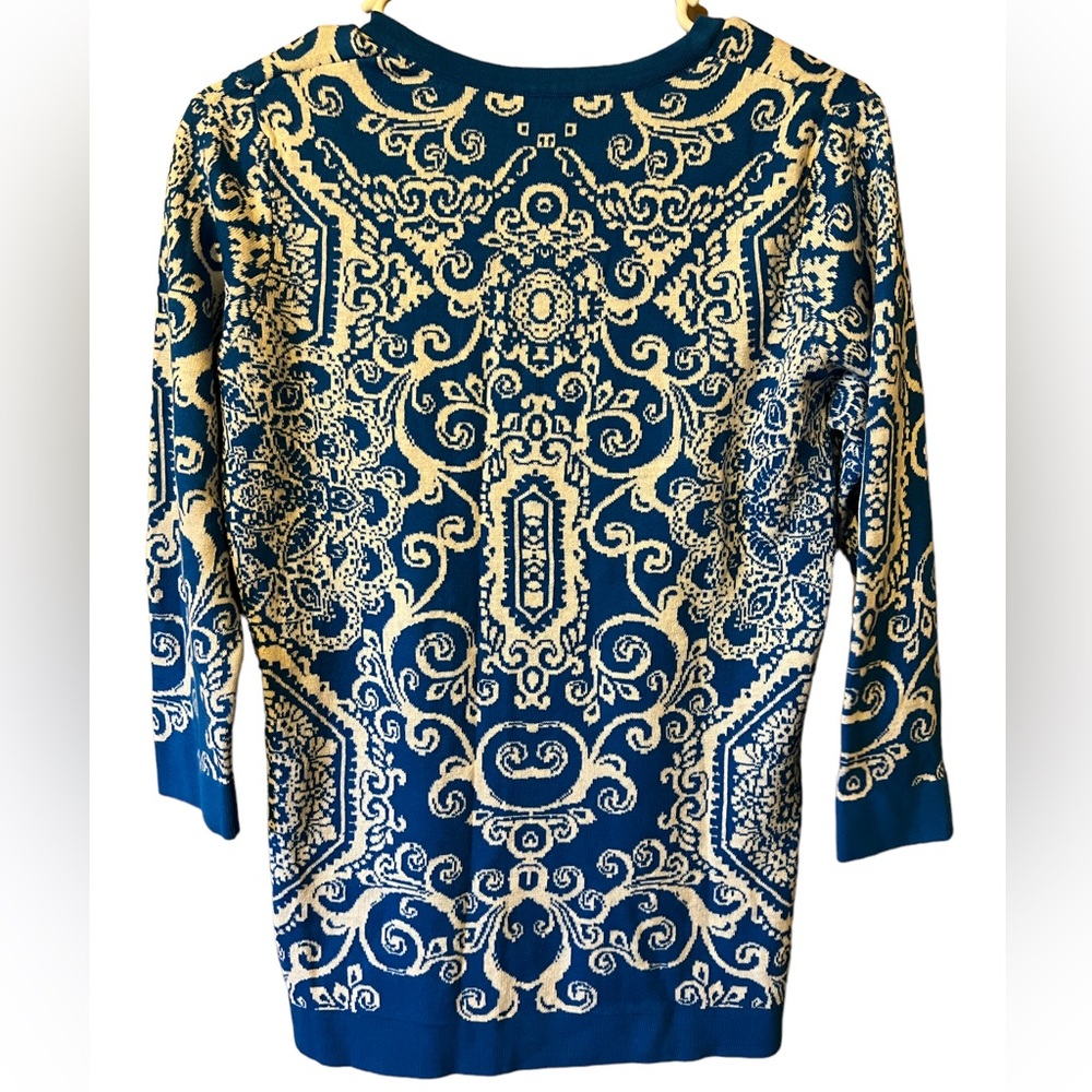 Isaac Mizrahi Live Blue White Button Front Cardigan Sweater - Picture 3 of 5